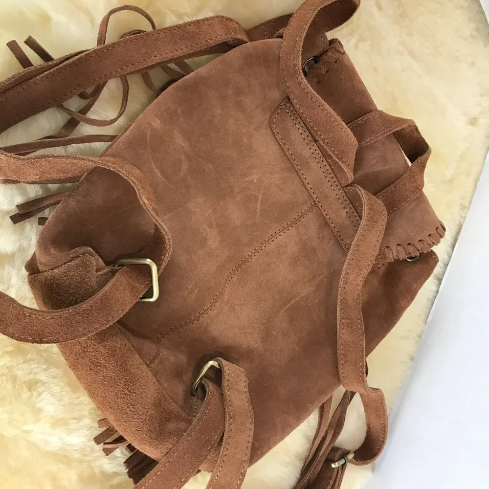 Sopresa tan suede leather fringe backpack